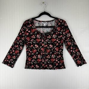 Arizona Jean Co. Black Floral Print Button Down Blouse Size Medium Ruffle Hem
